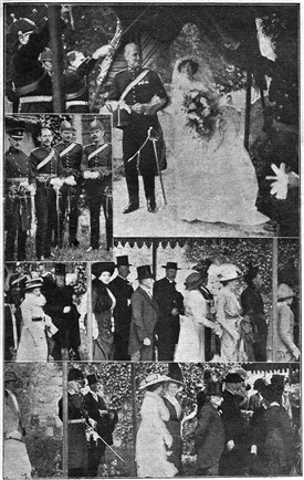 Photo:Comrades of Lieut.-Col. Charles Oswald Smeaton, R.A., form an archway, a guard of honour, swords drawn, for the couple's passage.